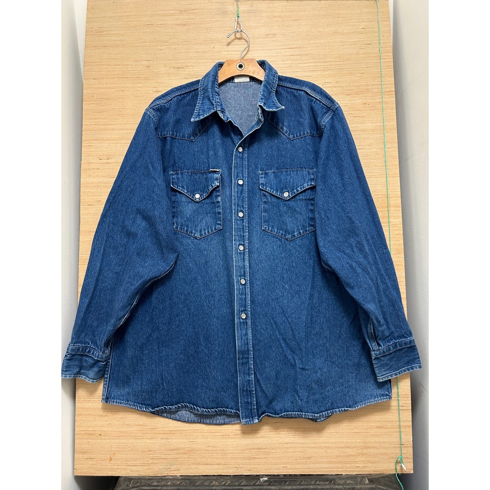 Rasco Mens XXL Long Denim Western‎ Pearl Snap Shirt Blue Cotton Made in USA